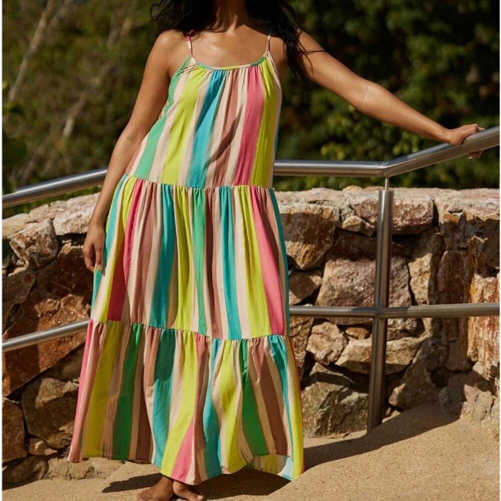 Pq Swim Pomelo Aaron Striped Long Tiered Maxi Dress, Size M/L
